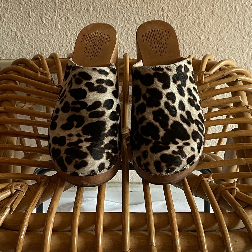 Charlotte Stone pony hair leopard clogs. Size 8.